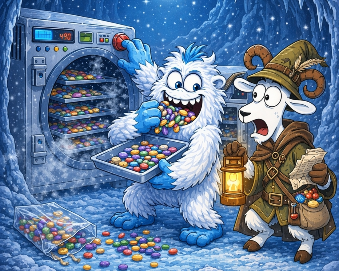 Illustration of a creature and a character with candy in a snowy, icy setting.