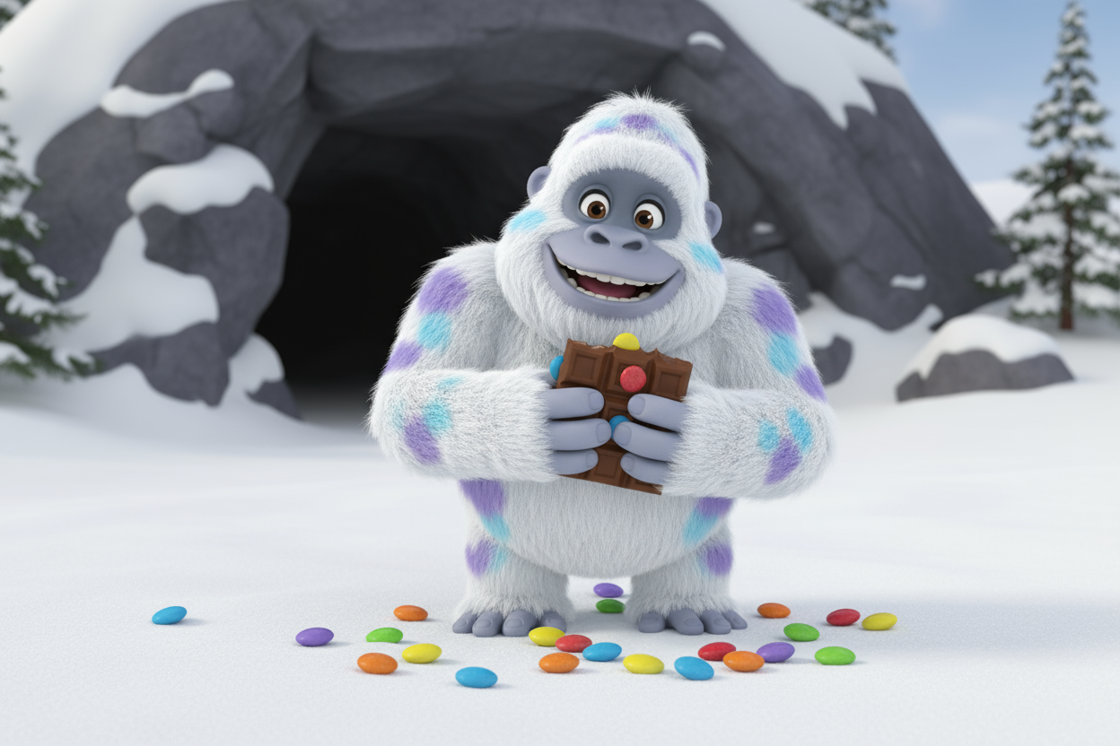 cartoon yeti holding a broken chocolate bar with skittle shaped candies on the ground in the snow. Include a cave in the background
